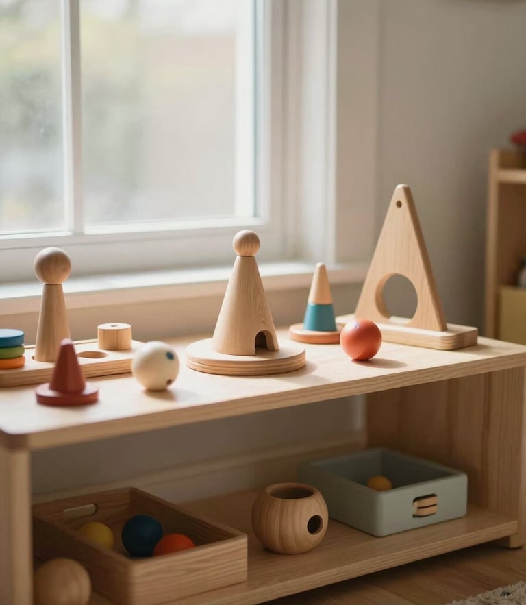 A bright, organized home playroom with natural wooden toys on a low shelf, soft morning light filtering through a window, clean and safe play environment, warm editorial photography, 35mm