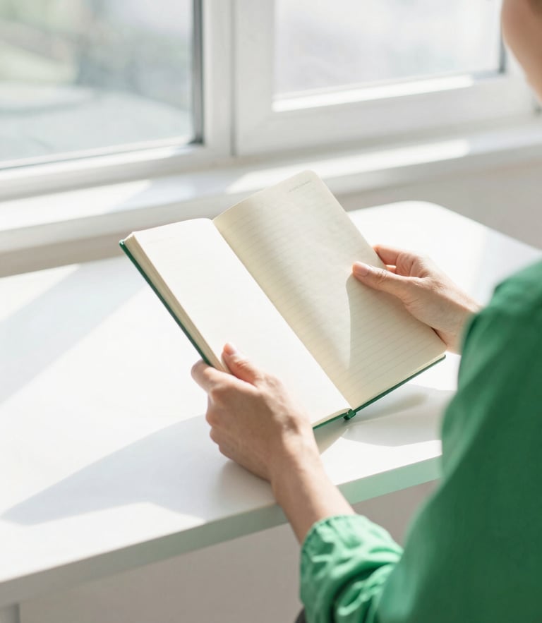 Active professional at a sunlit standing desk, morning light pouring through a window, holding a clean notebook, high-key lifestyle photography, crisp white and green accents