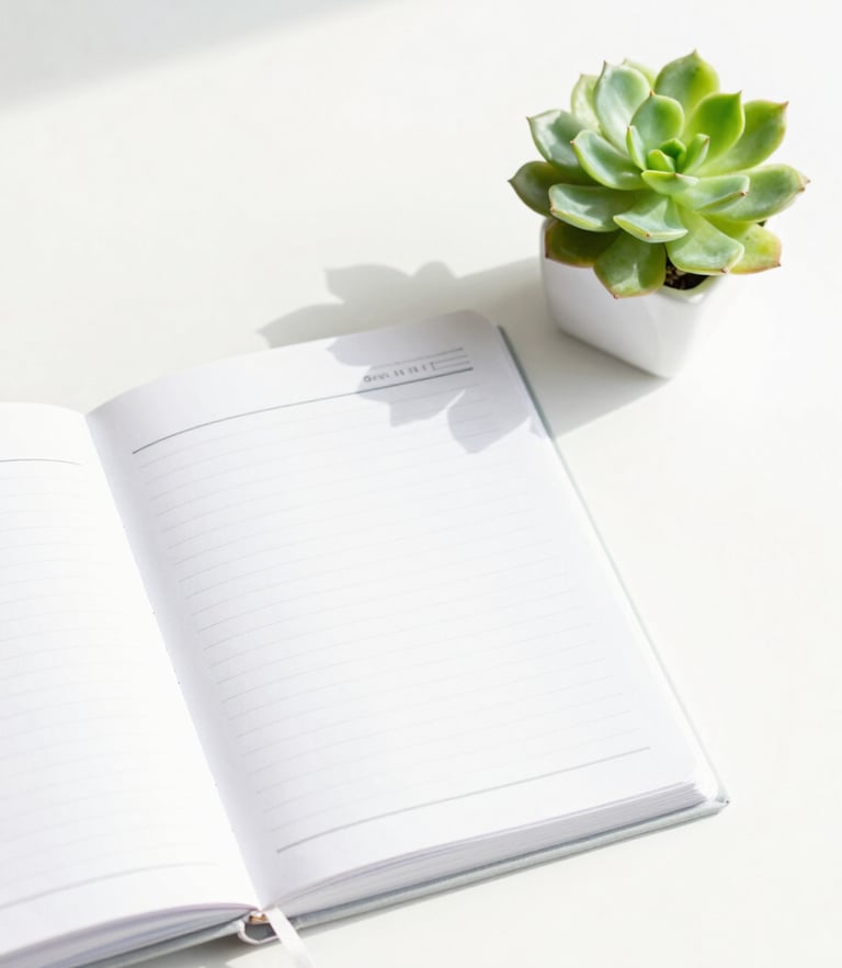 Bright sunlit workspace flatlay, clean white desk with an open structured planner, green succulent, crisp morning daylight, high-key photography