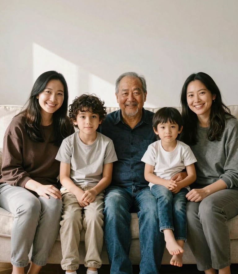 A warm portrait of a diverse foster family sitting together on a sunlit living room sofa, soft natural daylight, rich compassionate tones, authentic human connection, 35mm