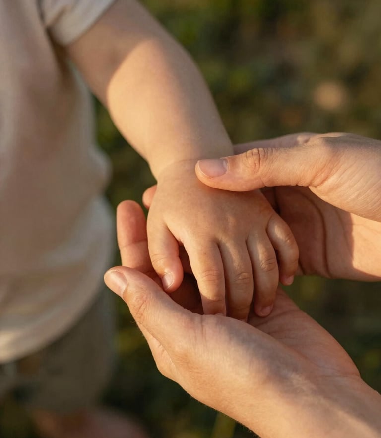 Close-up of hands gently holding a small child's hand, soft natural golden hour light, warm compassionate tones, 35mm photography