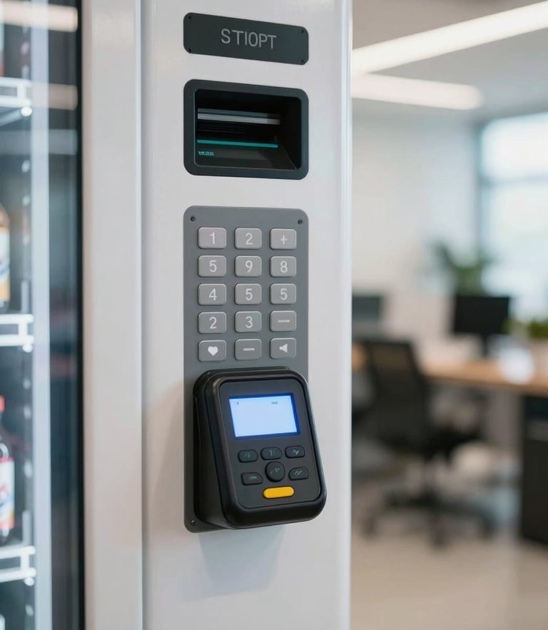 Close-up shot of a modern vending machine touch keypad and glowing contactless card reader, bright office lobby background, natural ambient lighting.