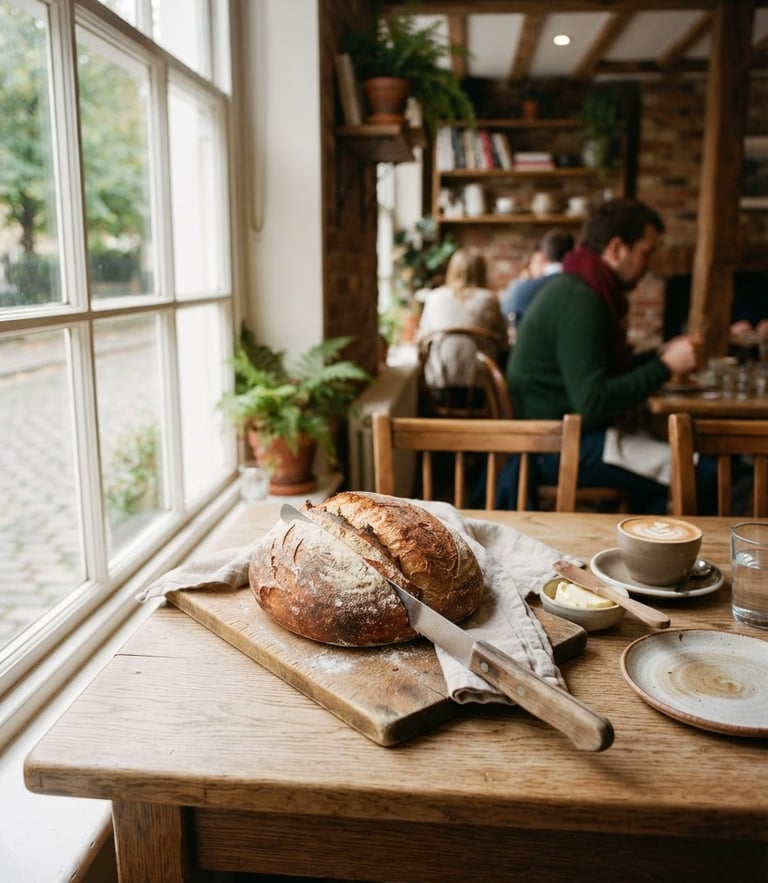 Cozy Scandinavian-style restaurant interior, soft diffused morning daylight through a window, rustic wooden table with fresh sourdough bread, warm color tones, shallow depth of field, 35mm film look.