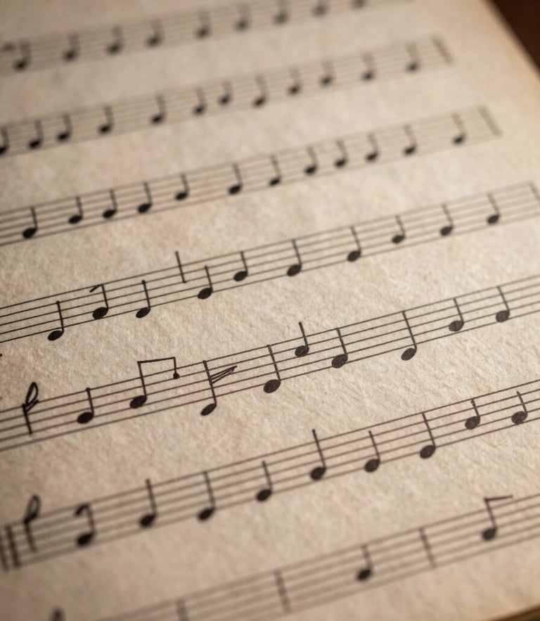 Macro detail shot of vintage sheet music with hand-written ink annotations, warm dramatic side-light highlighting paper texture, shallow depth of field.