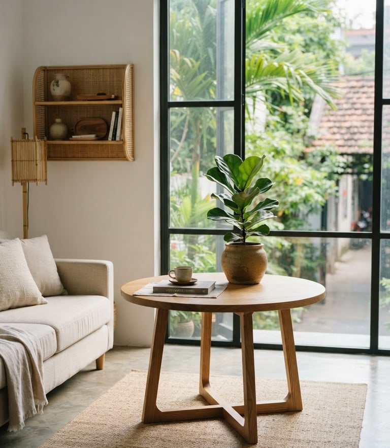 A modern Vietnamese home interior with soft natural daylight streaming through a large window, clean minimalist composition, a single green plant on a wooden table, warm editorial photography.