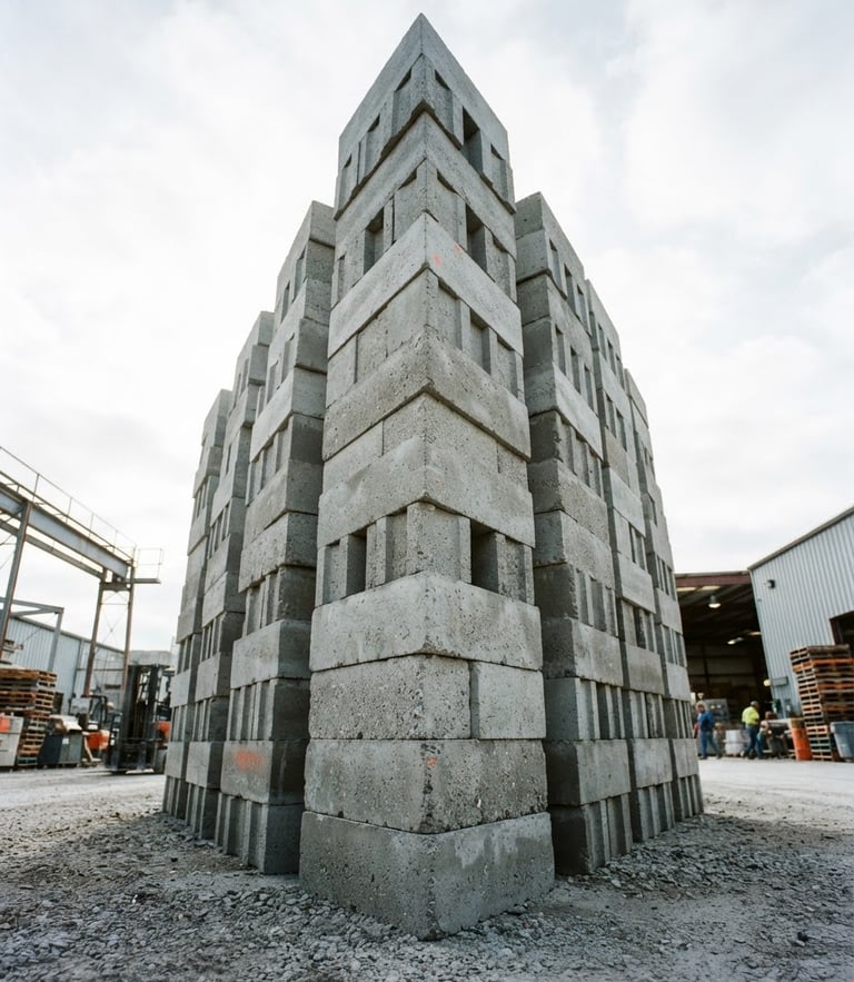 Low-angle heroic shot of neatly stacked concrete blocks in our manufacturing yard, crisp morning sun, industrial grey textures with sharp shadows, 35mm