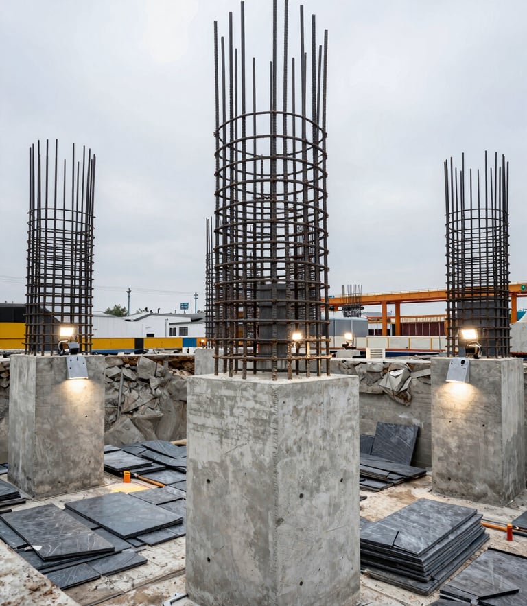 Industrial architectural photography of structural steel rebar cages inside a deep concrete footing excavation, dramatic subterranean work lights.