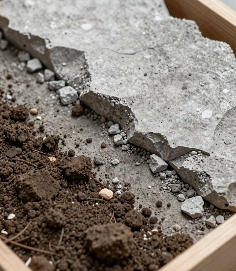 Macro shot of core soil samples in a wooden tray, showing clear transition from clay to solid bedrock, overcast natural daylight.
