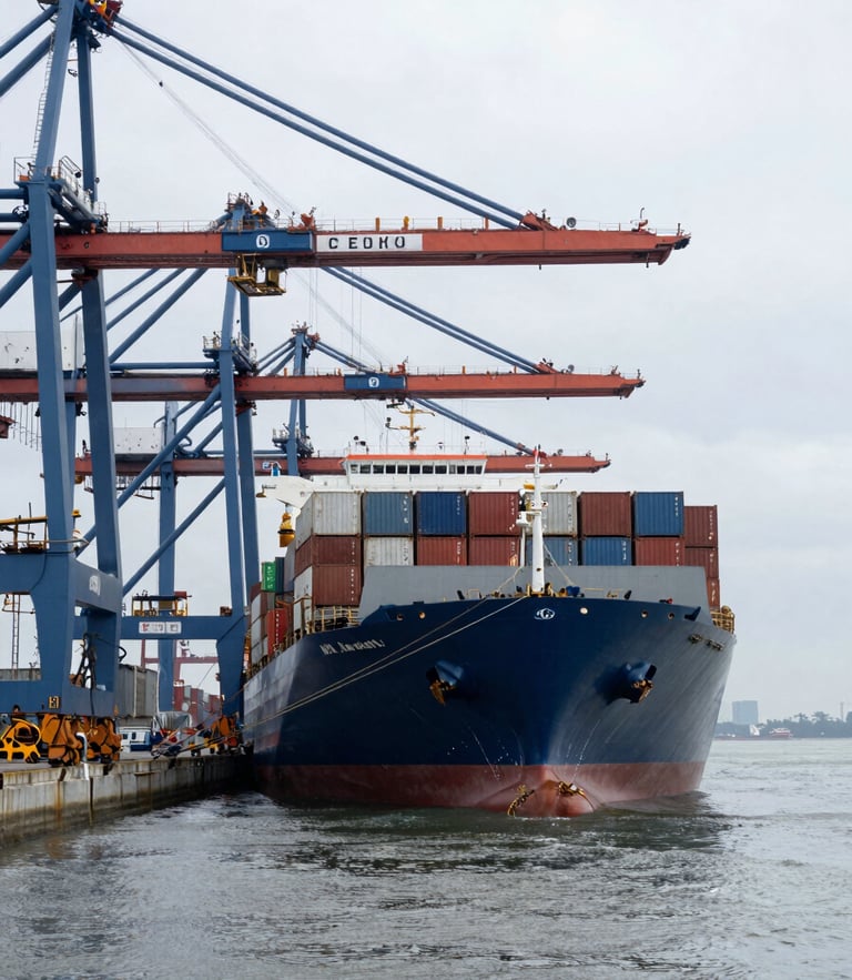 A high-contrast wide shot of a deepwater container terminal under an overcast maritime sky, massive container vessel docked, steel cranes framing the shot.