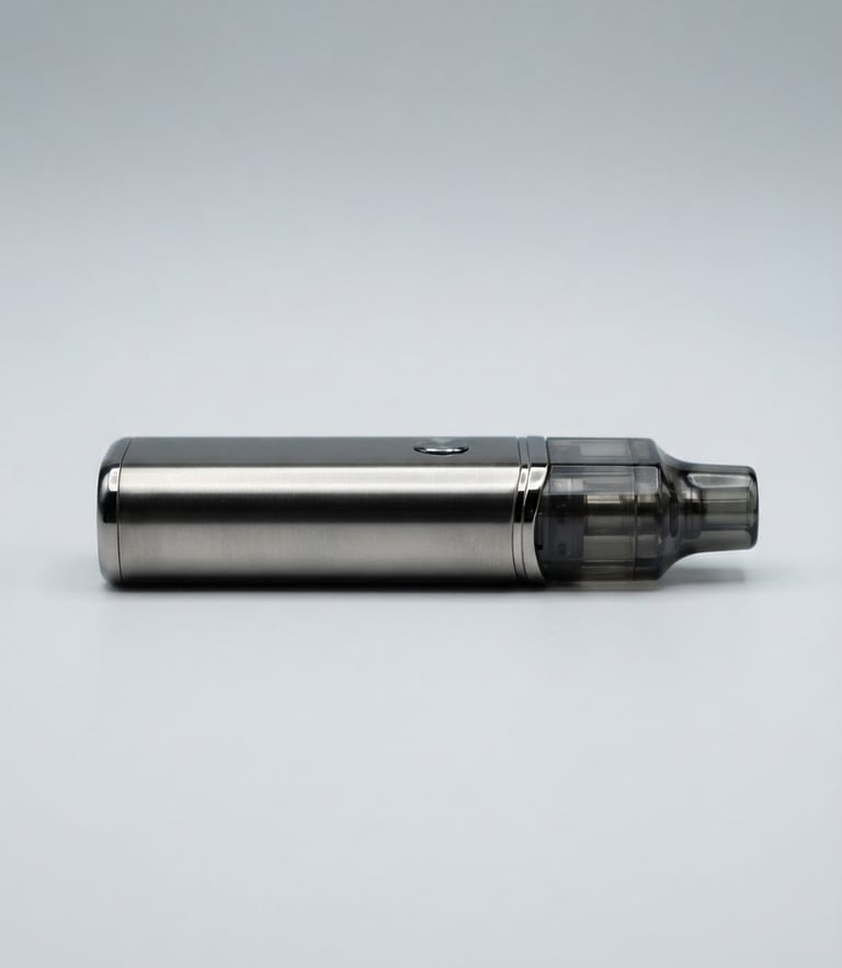 Sleek metallic vape device on a crisp minimalist light gray background, macro lens, sharp studio lighting, clean reflections