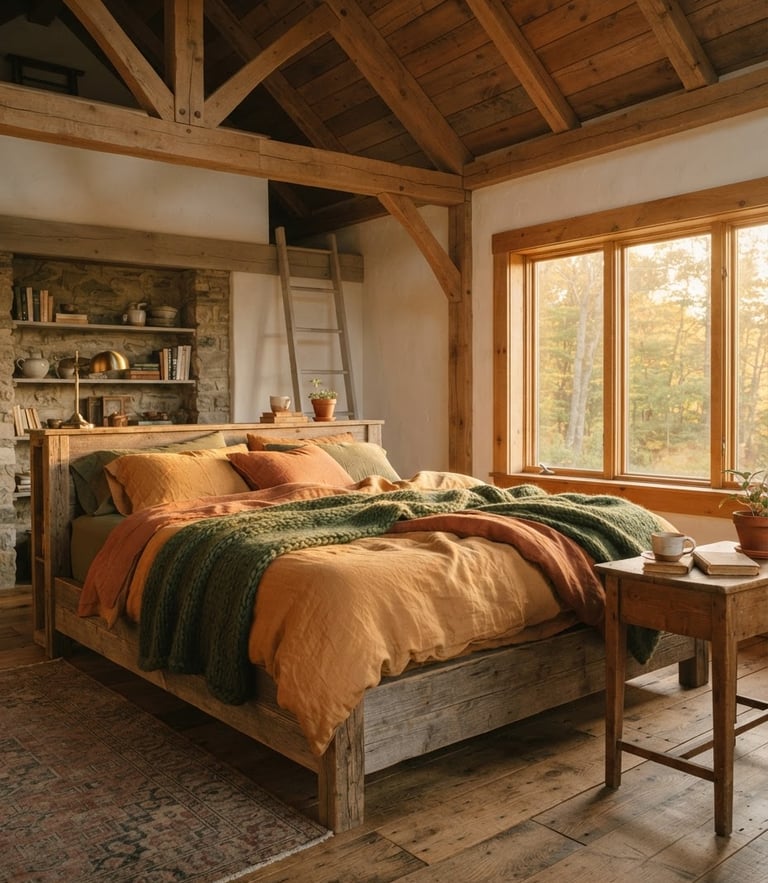 Cozy rustic bedroom interior with high ceilings, warm linen sheets on a comfortable bed, soft natural golden hour light streaming through a window.