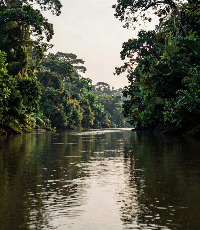 Wide environmental shot of a tropical river in Central Kalimantan, lush green rainforest on both banks under soft morning daylight, calm reflecting waters.