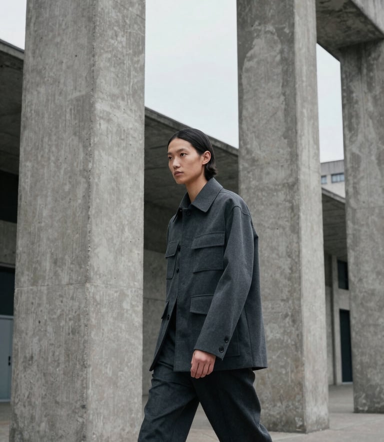 Low-angle shot of a model walking past concrete brutalist pillars, wearing a structured charcoal jacket, overcast daylight, desaturated cool tones