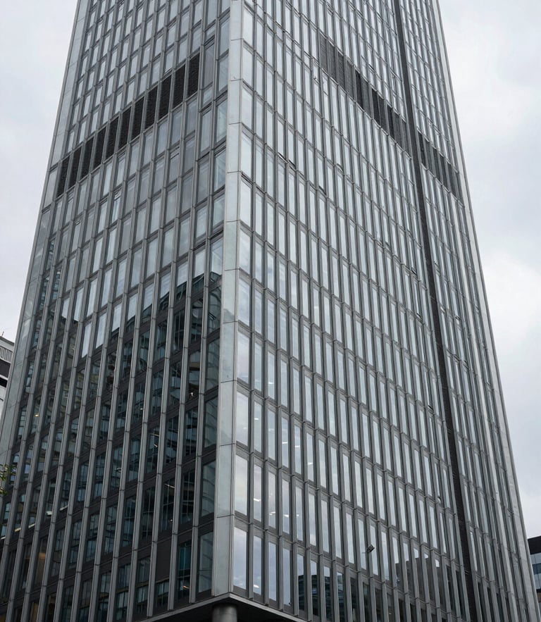 Abstract geometric architectural lines of a modern financial center facade in Frankfurt, overcast daylight, sharp structural shadows.