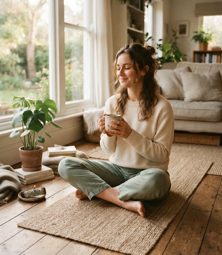A serene woman sitting cross-legged on a yoga mat in a sunlit living room, holding a ceramic mug, soft morning light filtering through a window, warm editorial photography.