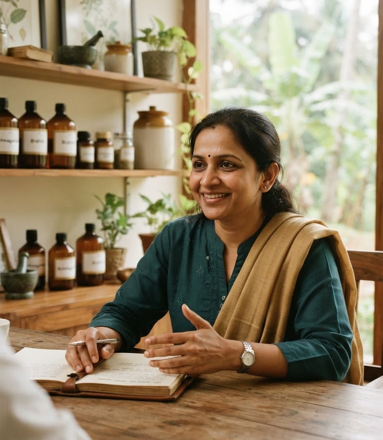 Warm professional portrait of an Ayurvedic doctor in a clean modern clinic, soft natural daylight, shallow depth of field, 35mm.