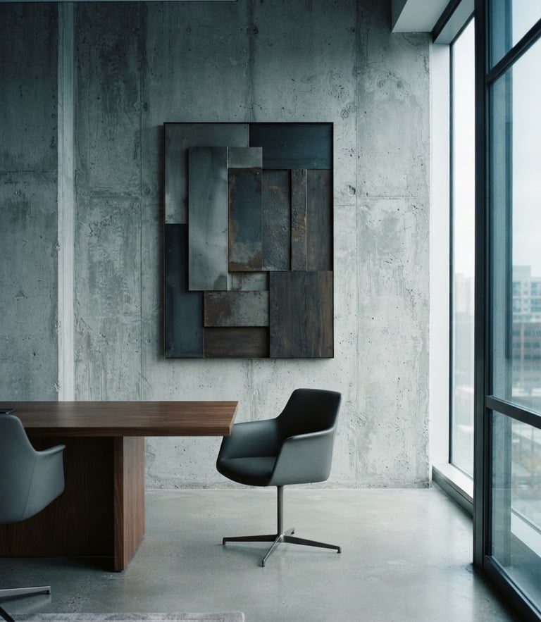 Muted B2B editorial photography of a concrete boardroom wall with soft natural window light, desaturated cool tones, architectural framing, 35mm