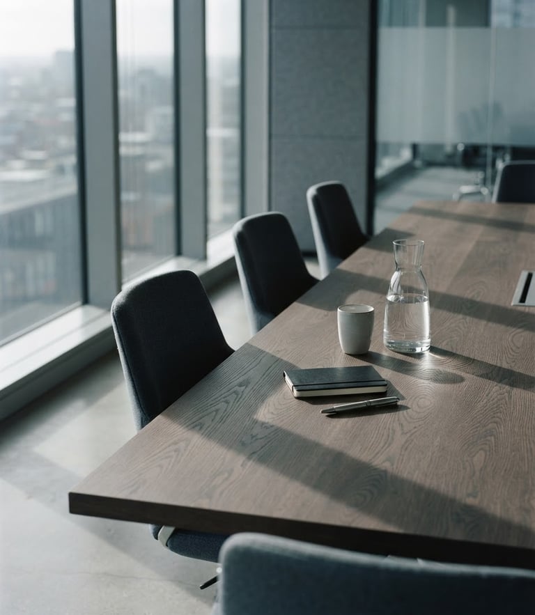 Architectural crop of a modern boardroom table with soft directional natural daylight casting long shadows, desaturated cool tones, 35mm