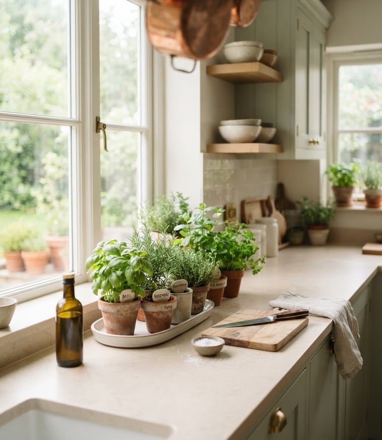 Bright organized kitchen with natural morning sunlight streaming through a window, clean beige countertops, fresh herbs in small pots, soft sage tones, editorial food photography