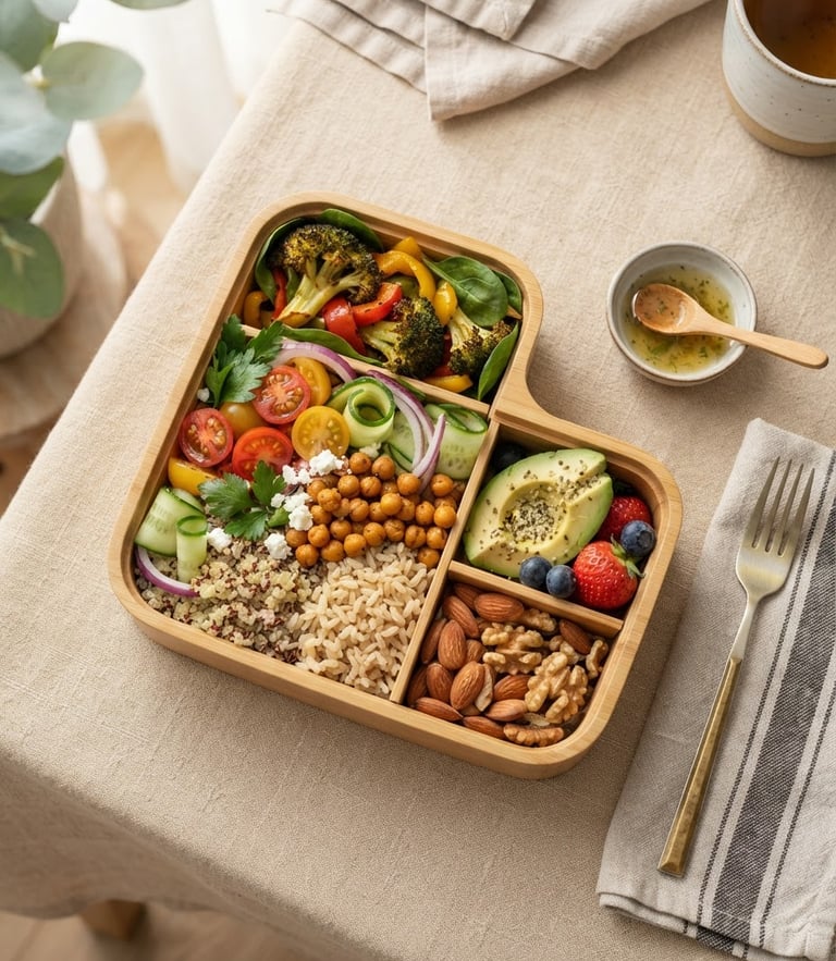 Bright editorial food photography, overhead flatlay of a colorful prepared healthy lunchbox with grains and fresh vegetables on a warm beige table, soft morning light