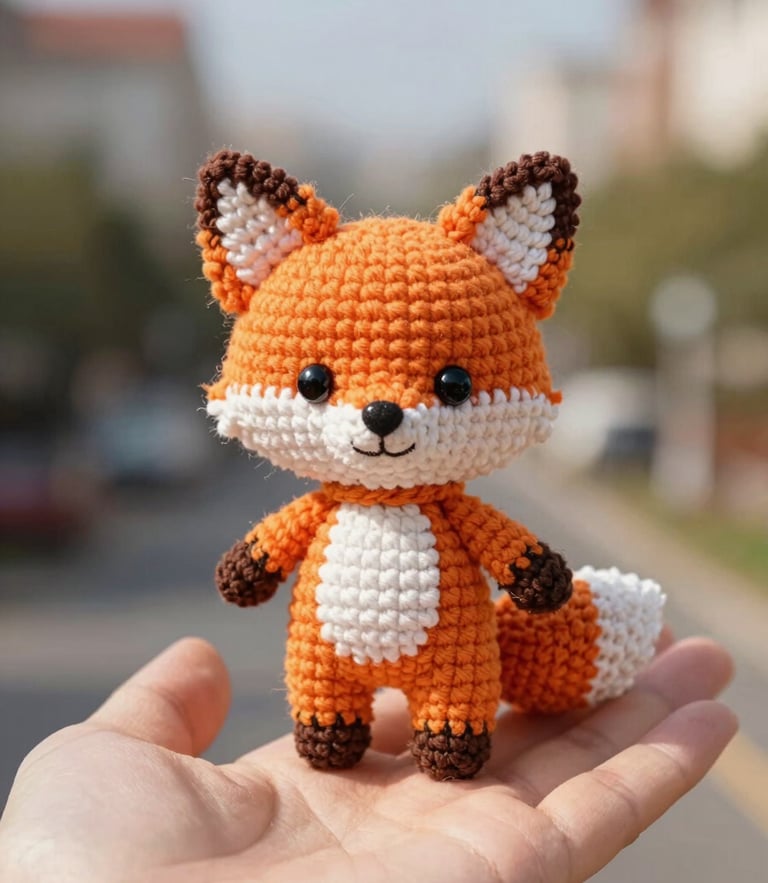 A close-up of a hand holding a tiny, beautifully detailed crocheted orange fox amigurumi, bright natural daylight, colorful yarn textures, soft shadows, 35mm