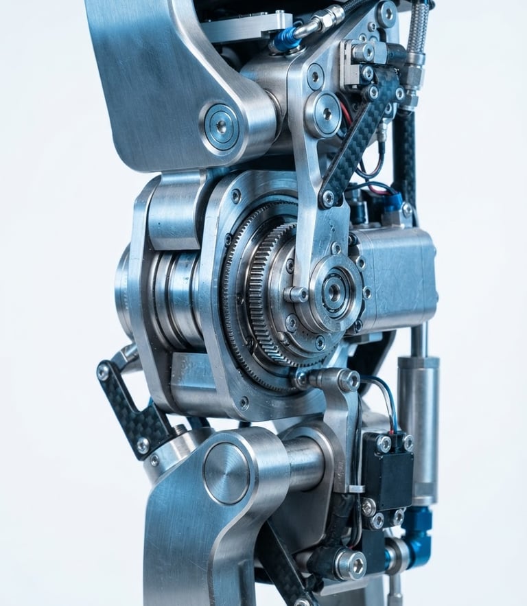 Macro photograph of a brushed titanium robotic exoskeleton knee joint, cool blue ambient highlights, pristine white background, clinical focus