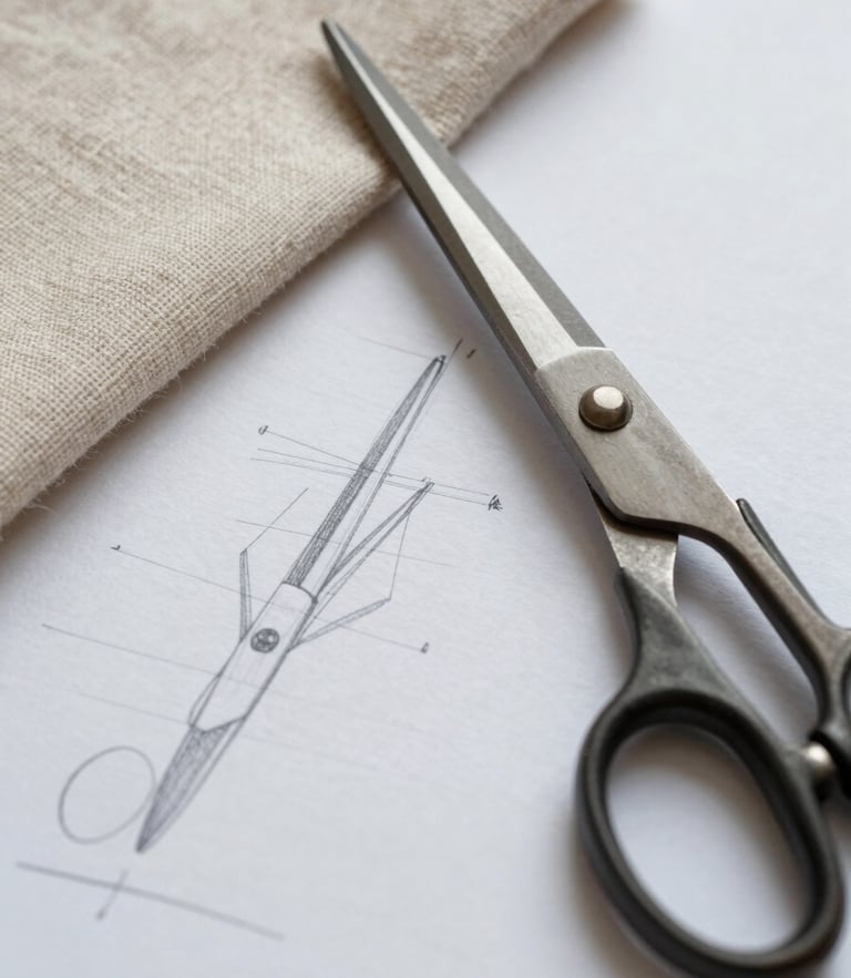 Macro overhead shot of hand-drawn pencil markings on pattern-drafting paper, raw linen fabric swatch resting beside heavy steel tailor shears, soft natural daylight.