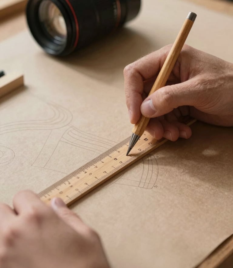 A close-up of hands using a wooden ruler to draft patterns on heavy kraft paper, soft diffused morning light casting gentle shadows across the workspace.