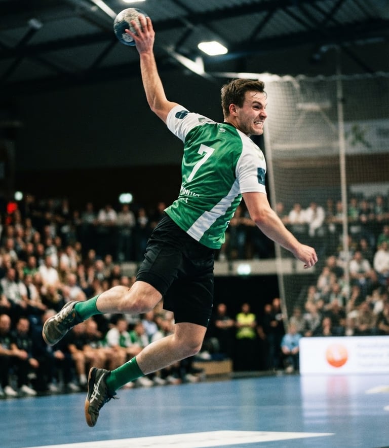 Dynamic close-up of a handball player in a green jersey leaping to shoot, high-contrast indoor arena lighting, intense determination, action freeze-frame, 35mm