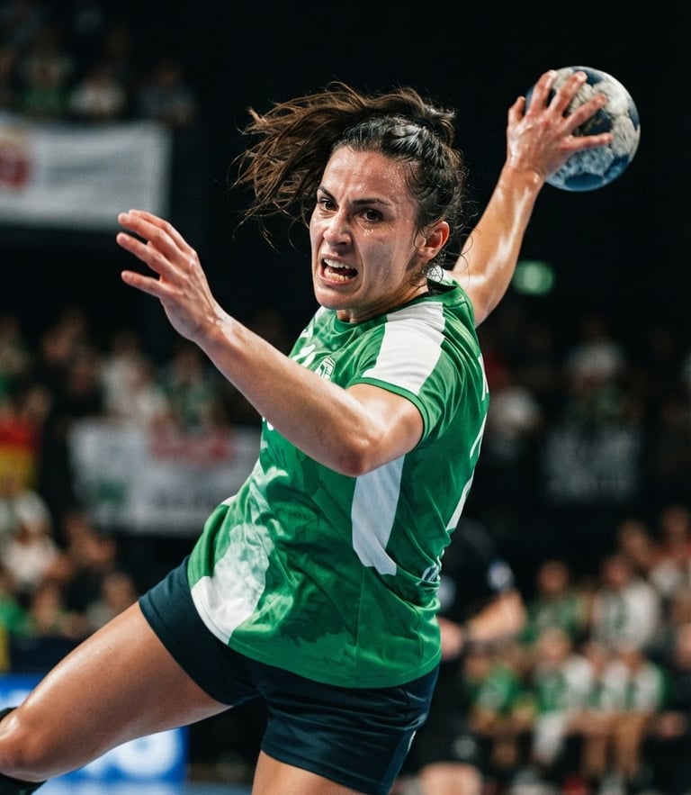 Dynamic close-up of a handball player in a green and white jersey, sweat and determination on their face, high-contrast indoor arena lighting, 35mm.
