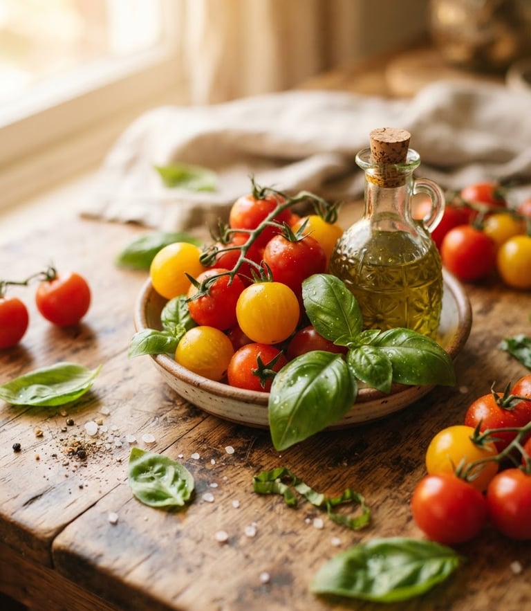Warm editorial food photography, natural side window light, close-up of fresh basil, tomatoes, and olive oil on a rustic wooden table, shallow depth of field, 35mm
