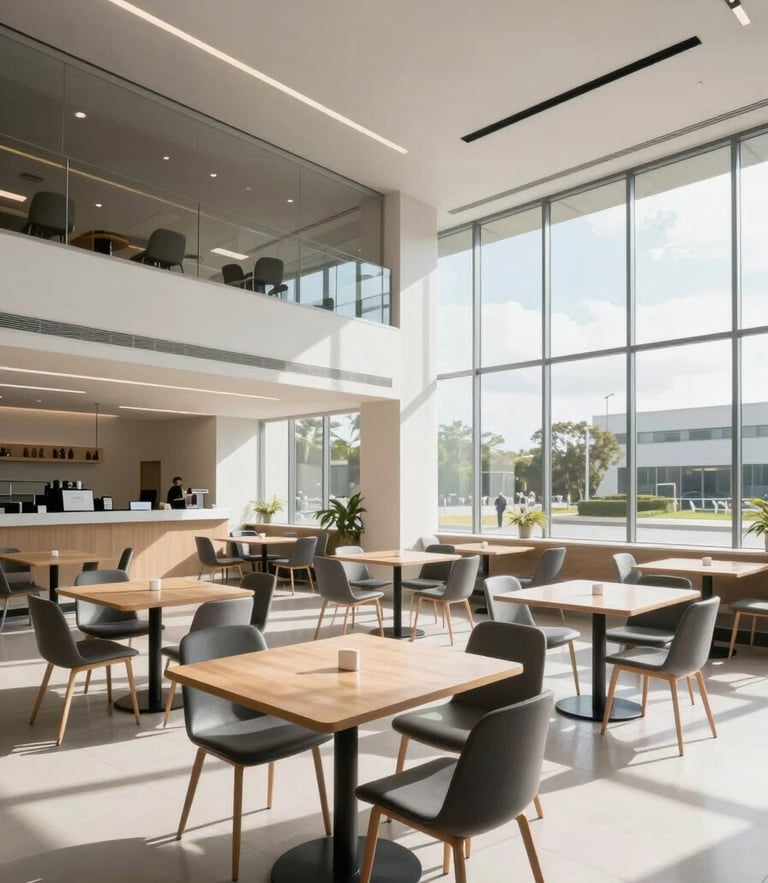 Wide-angle architectural photograph of a modern, pristine corporate cafeteria in Colombia, clean lines, bright daylight streaming through large windows, empty dining tables, high-end corporate design.
