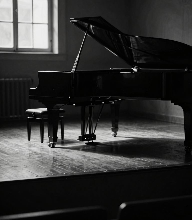 Moody cinematic photography of an empty scoring stage in Lisbon, high-contrast chiaroscuro lighting, deep shadows, desaturated monochrome tones, 35mm film grain, a grand piano in the background under soft window light.