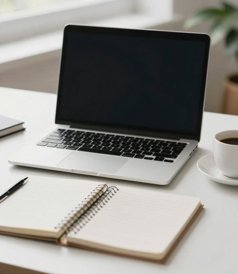 Straight-on clean shot of a modern organized desk with a laptop, a notebook, and a coffee cup, bright diffused natural light, subtle blue and green accents in the background, generous negative space.
