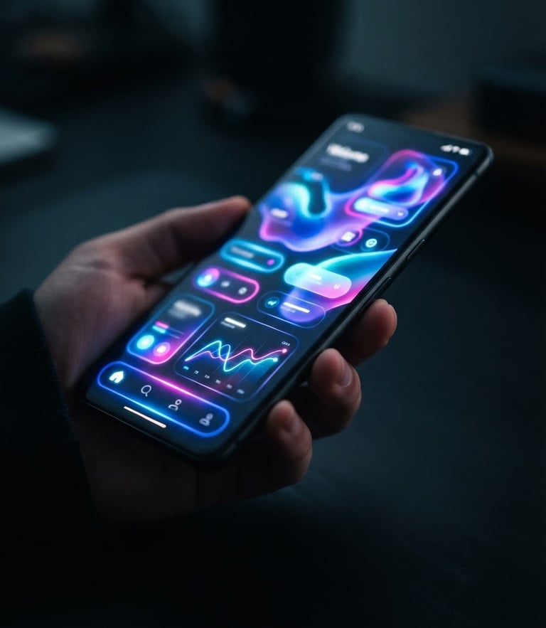 High-fidelity Android device mockup displaying fluid app interfaces, glowing screen illumination, deep shadows, neon accents, macro lens, high-contrast.