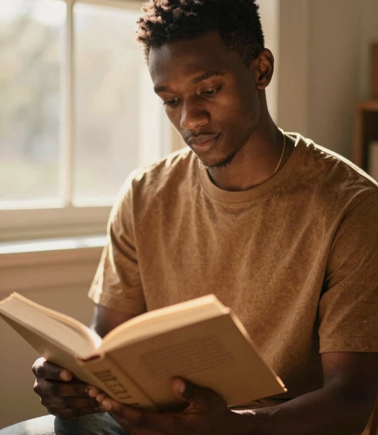 Intimate portrait of a proud young Black scholar reading an open book, warm golden-hour light filtering through a window, shallow depth of field, 35mm.