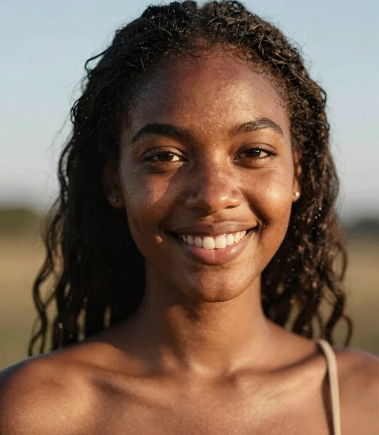 A warm, close-up portrait of a young woman of African descent smiling confidently in natural golden-hour sunlight, shallow depth of field, 35mm photography.