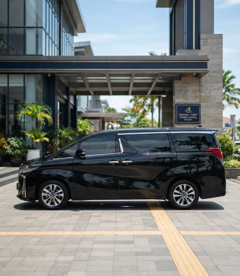 Side profile of a pristine black Toyota Alphard parked in front of a modern luxury terminal in Batam, bright natural daylight, clean reflections
