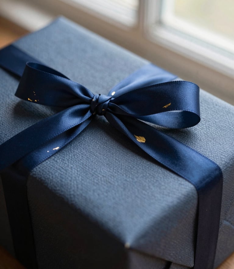 Close-up of premium textured gift box wrapped in deep indigo silk ribbon, gold foil leaf details, soft natural window light, Hasselblad medium format