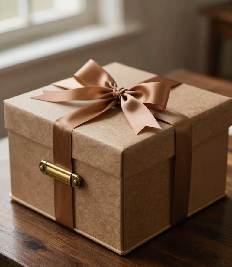 Close-up of a premium corporate gifting hamper with brass accents and silk ribbons, set on a dark wood table under soft side-lighting, shallow depth of field, warm editorial photography