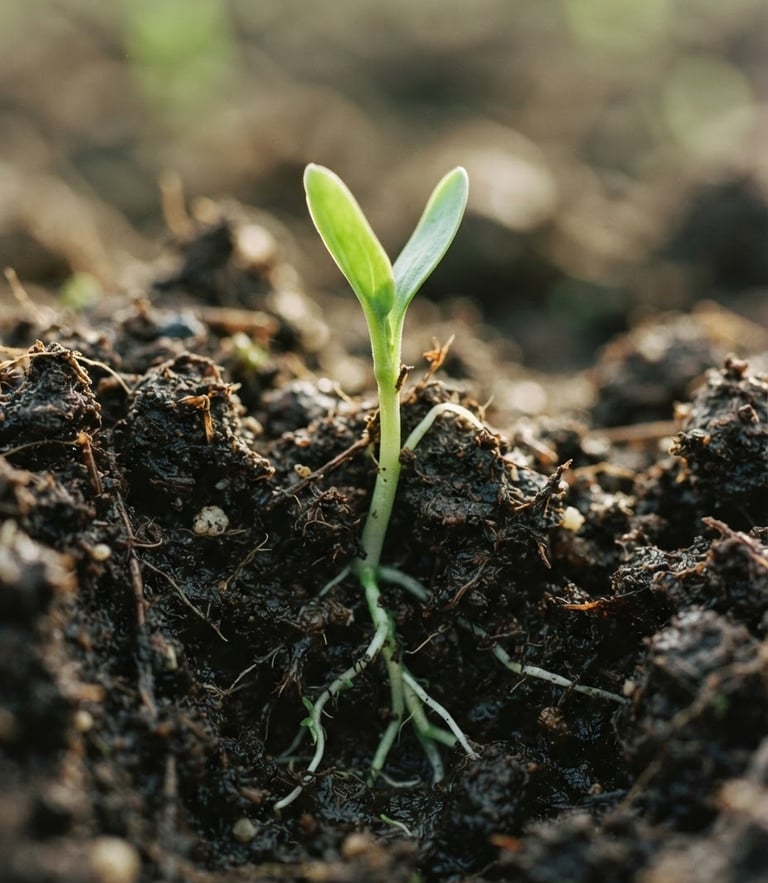 Extreme close-up of rich dark organic soil with young green roots sprouting, soft morning light, shallow depth of field, 35mm