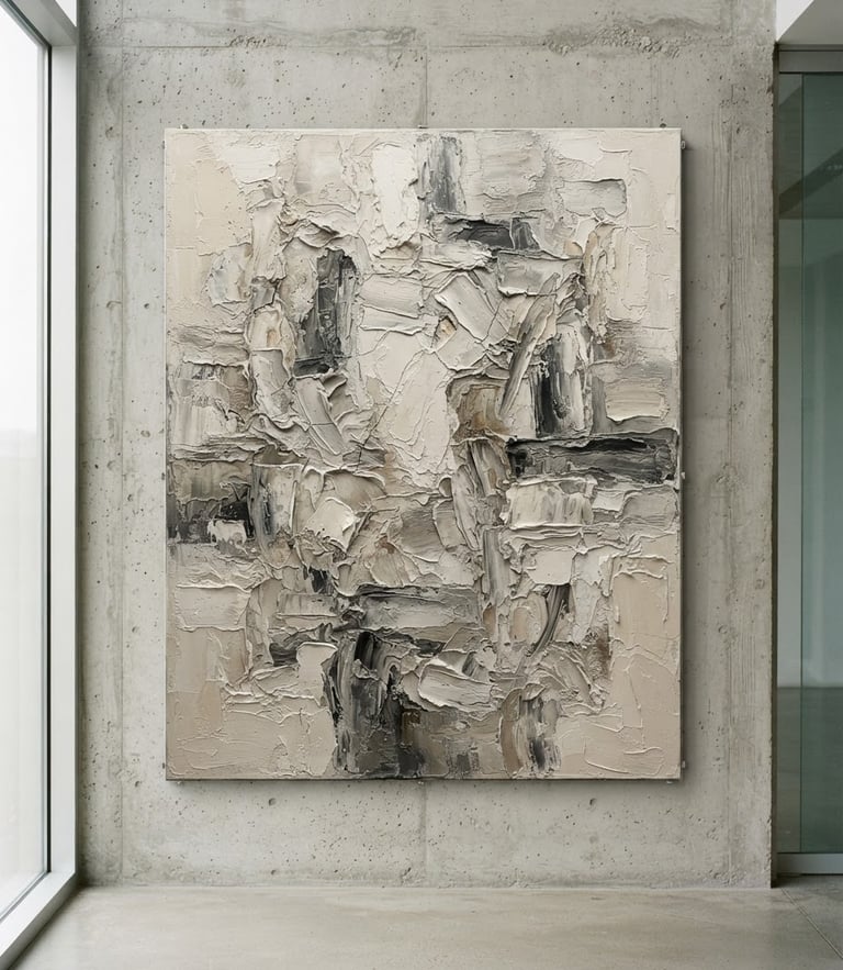 Straight-on medium format photograph of a large-scale contemporary abstract painting with heavy impasto texture, hanging on a raw concrete wall in a minimalist, sunlit architectural room.