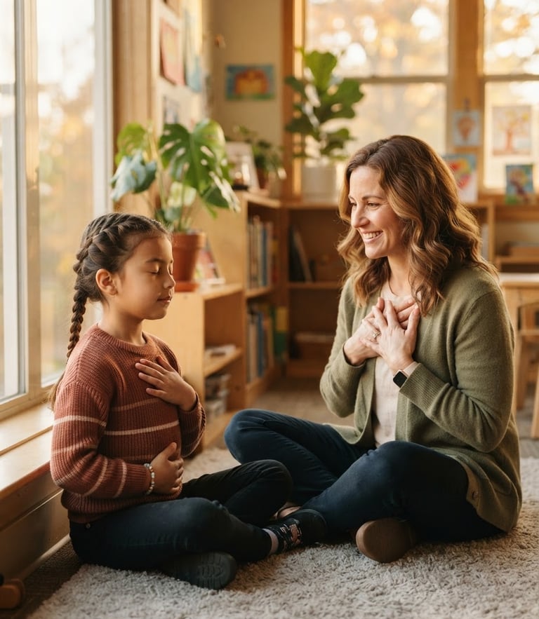 Candid medium shot of a young student practicing deep breathing with a mentor in a sunlit classroom, warm golden-hour window light, soft optimistic earth tones, shallow depth of field, 35mm