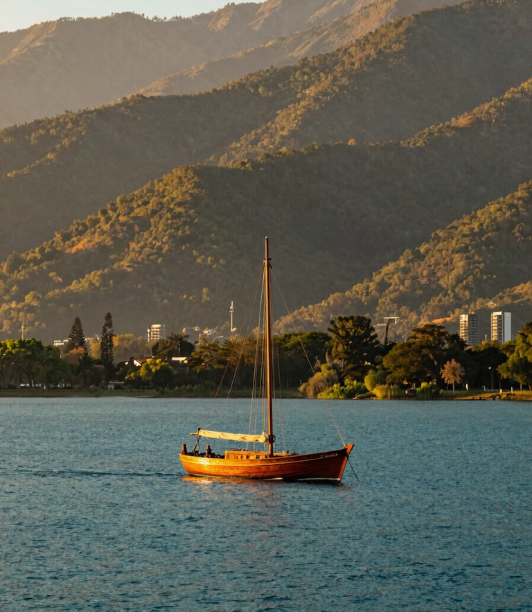 Wide-angle portrait of a classic wooden sailboat gliding on the calm, deep teal water of Valle de Bravo lake at dawn, soft misty mountains in the background, warm golden-hour light