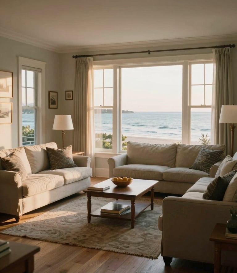 A beautifully finished coastal living room flooded with natural light, wide-plank oak floors, looking out to Long Island Sound, soft golden hour daylight