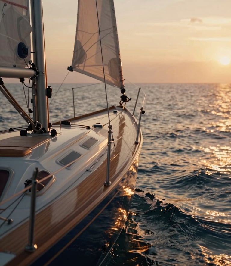 Cinematic 35mm photograph of a sailboat bow slicing through calm golden hour ocean water, warm light reflecting off polished wood, shallow depth of field.