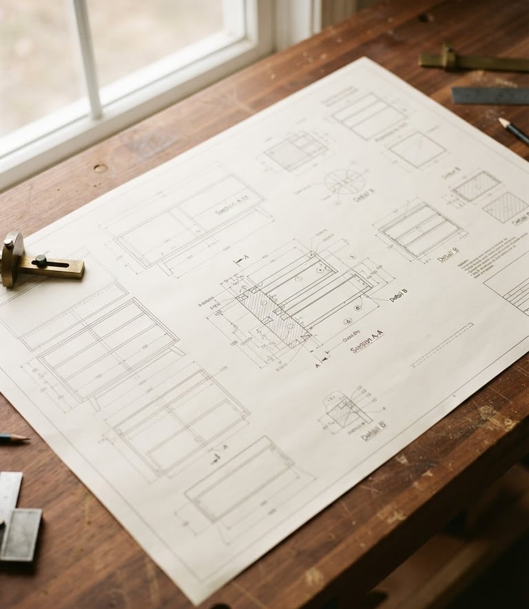 Overhead view of detailed CAD woodworking blueprints on a warm walnut workbench, soft natural window light, 35mm photography