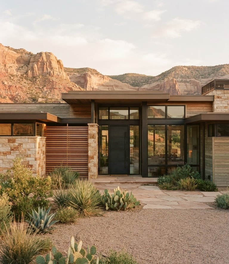 Warm editorial photography of a modern desert home facade in Cedar City Utah, golden-hour natural light, clean architectural lines, rich desaturated tones, 35mm
