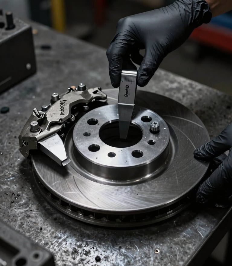 Moody high-contrast workshop spotlighting on a clean caliper measuring a brake rotor on a dark metal workbench, black nitrile gloves, sharp macro lens detail.