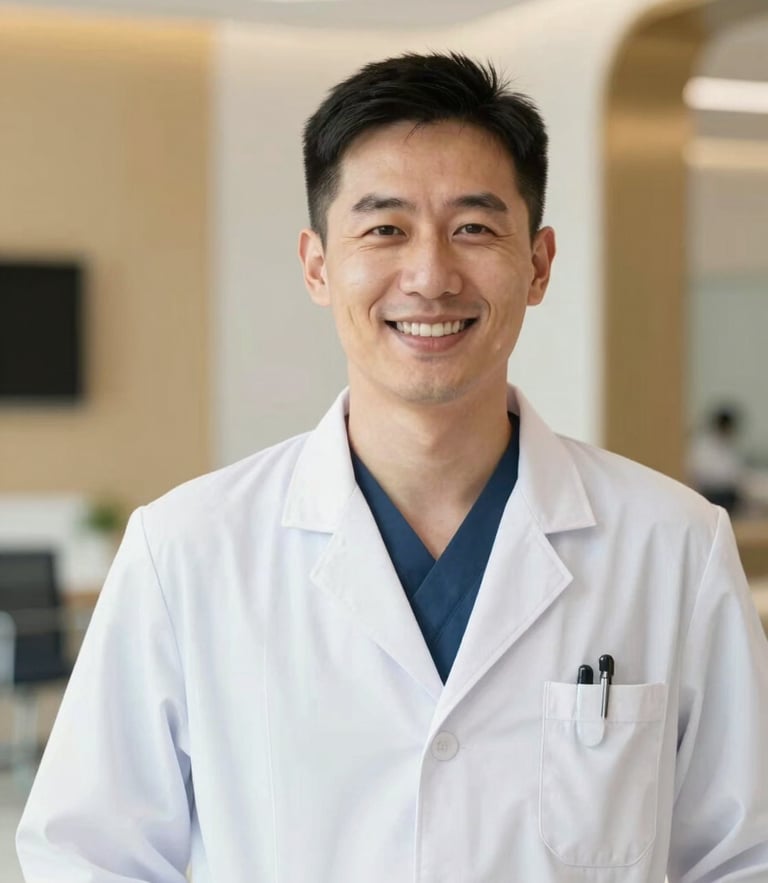 Professional portrait of a friendly medical doctor in a clean white coat, smiling warmly, bright natural daylight, modern clinical setting with soft gold accents, 35mm
